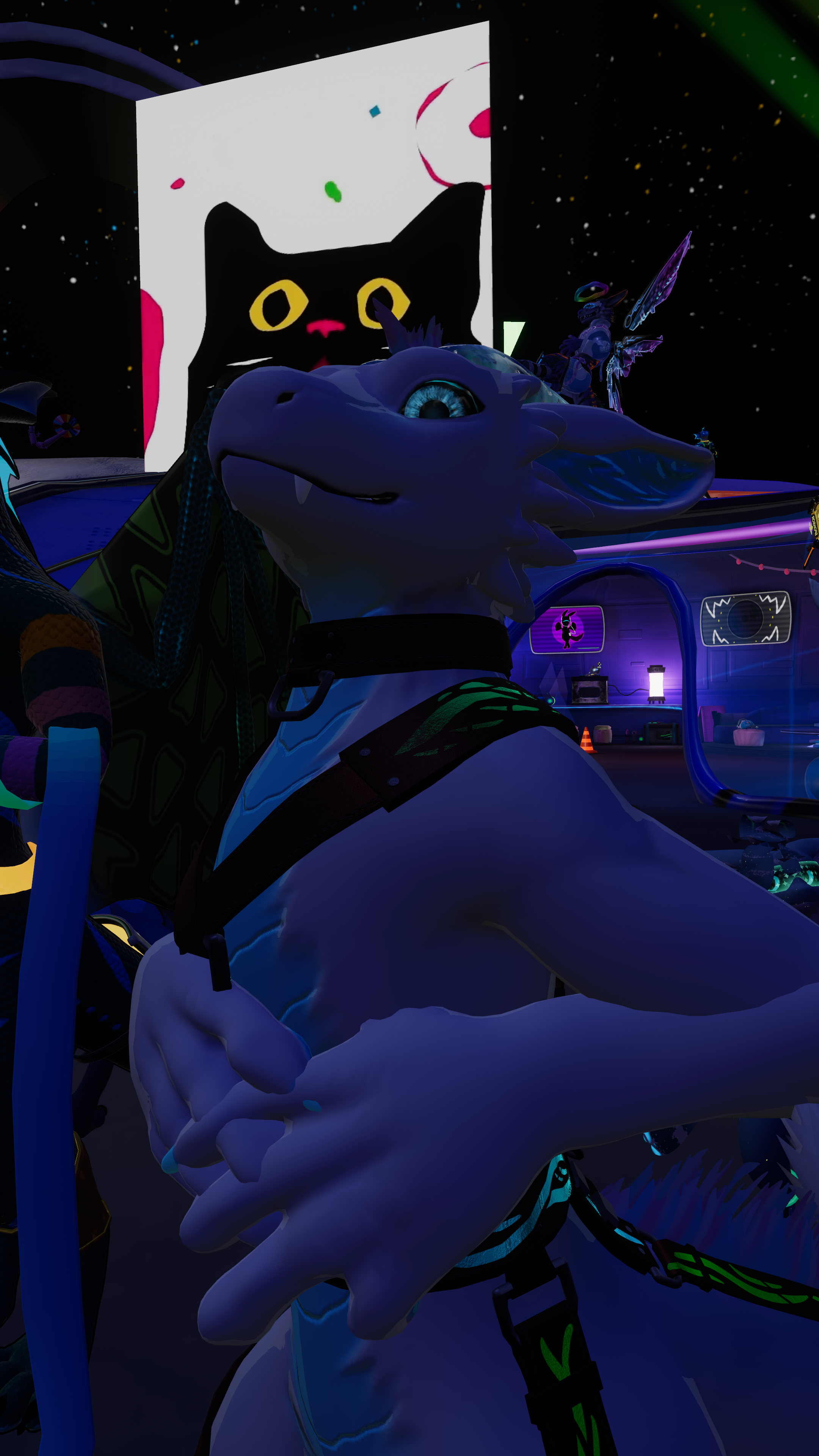 VRchat screenshot of a Moonfang dragon avatar with the same colour scheme as Kalmor. She is wearing a full body harness with glowy elements.
